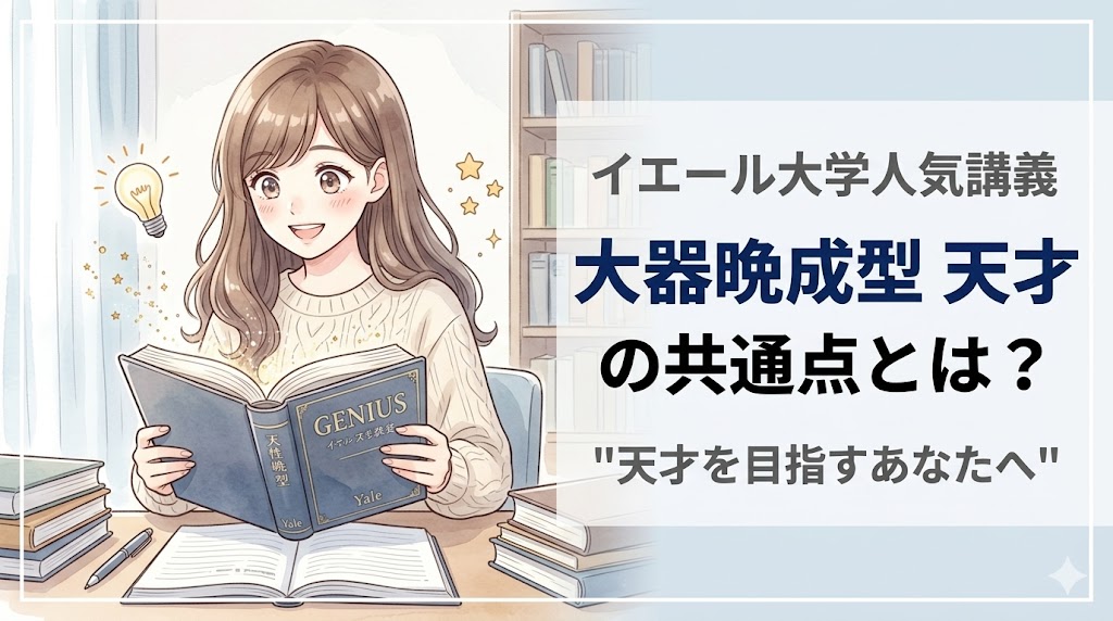 イエール大学人気講義「天才」の本を読んでひらめきを得ているママのイラスト