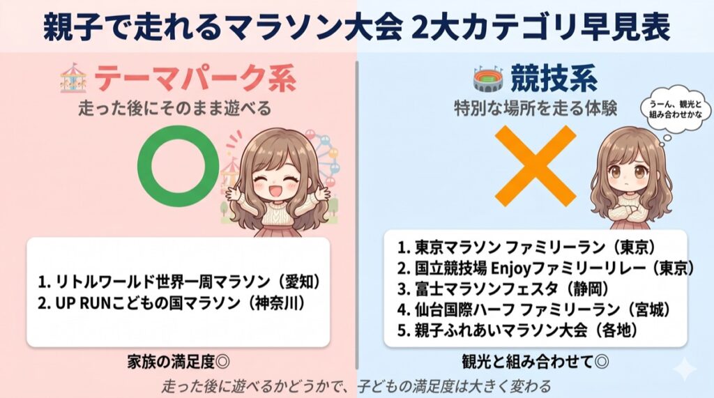 親子で走れるマラソン大会の2大カテゴリ早見表。テーマパーク系（走った後に遊べる）と競技系の違いを比較した図解