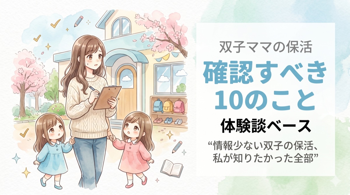 双子の女の子と一緒に保育園を見学するママのイラスト