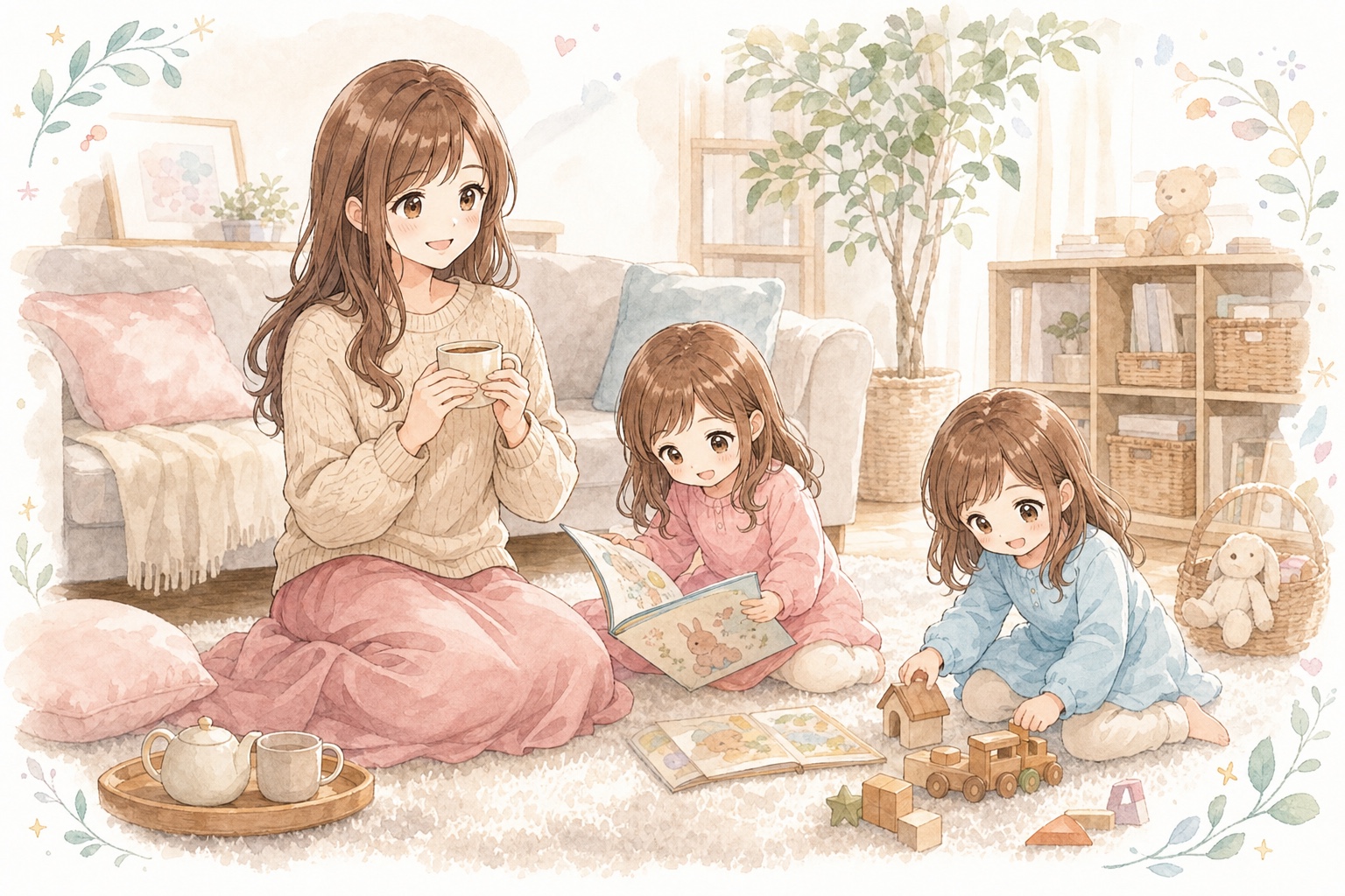 ティータイムでくつろぐママと、絵本や積み木で遊ぶ双子の姉妹のイラスト