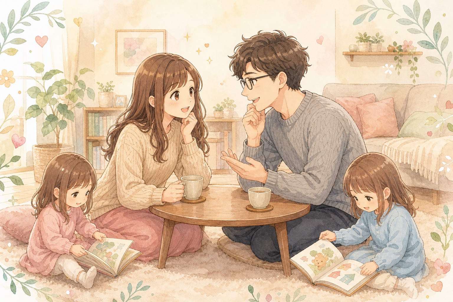 ティータイムで穏やかに対話するパパとママと、絵本で遊ぶ双子のイラスト