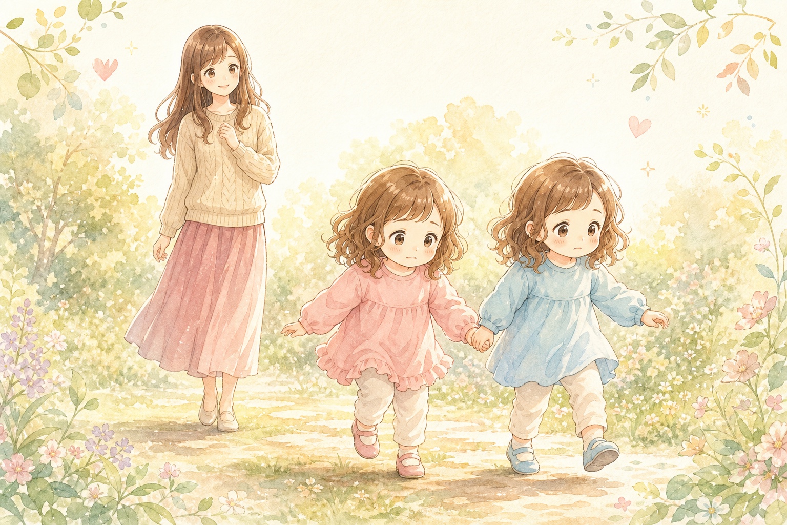 ママと手をつなぎ並んで歩く双子の姉妹のイラスト